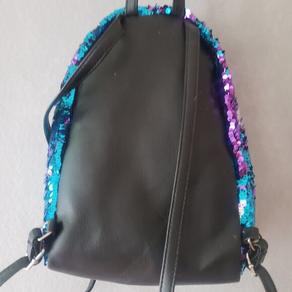 Justice Girls Mini Backpack Blue Purple Silver Color Change Sequin White Pom - Picture 7 of 13